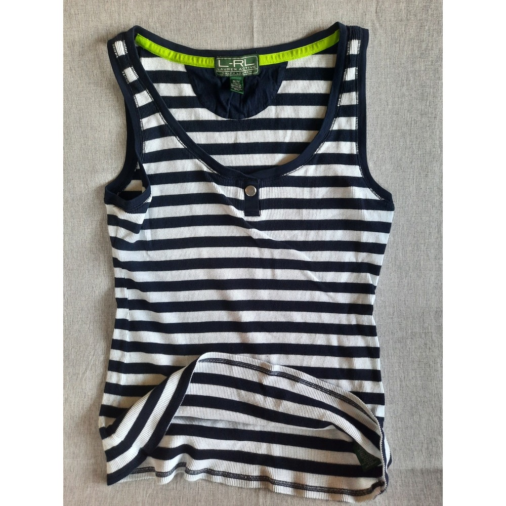 Lauren Ralph Lauren Active Tank Top Navy White Stripe Henley Button M Cotton